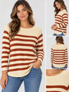 FP Beach Ivory Brown Striped Cotton Knit Sweater Size XS